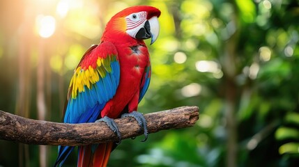 Fototapeta premium A vibrant parrot perched on a branch in a lush, green environment.