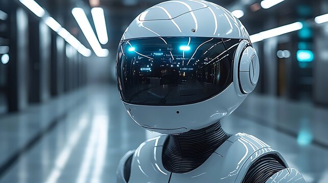 Futuristic robot head in a modern server room.