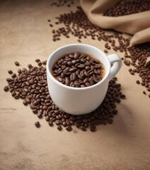 Fototapeta premium A cup of coffee with roasted coffee beans in the background , coffee, cup, beans