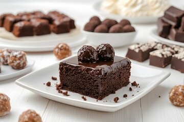 Chocolate brownie dessert, truffles, sweets, white table, studio