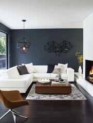 Modern Living Room with White Sectional Sofa and Dark Walls