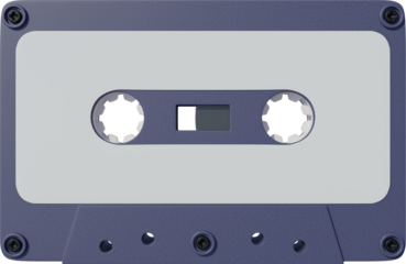 Blue matte cassette with white label, visible reels, and simple rectangular center window for clean aesthetic against transparent background. Concept of nostalgia, multimedia, technology. Ad