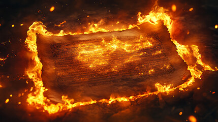 A burning scroll surrounded by flames, symbolizing destruction or transformation of knowledge.