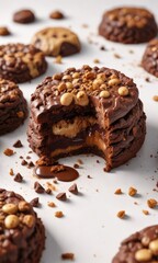 A decadent dessert featuring a rich chocolate cookie base smothered in a creamy filling and topped with crunchy crumbly biscuit bits on a white surface, butter, food, eggs