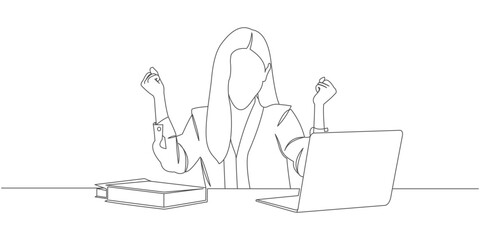 design vector line art office woman working in front of laptop and getting good news eps 2