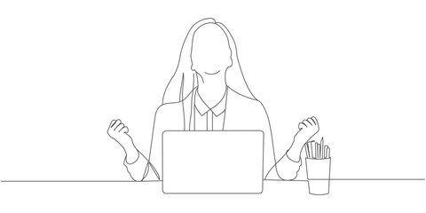 design vector line art office woman working in front of laptop and getting good news eps 1