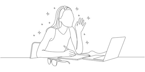 vector line art design of a freelance woman doing a zoom meeting with a customer