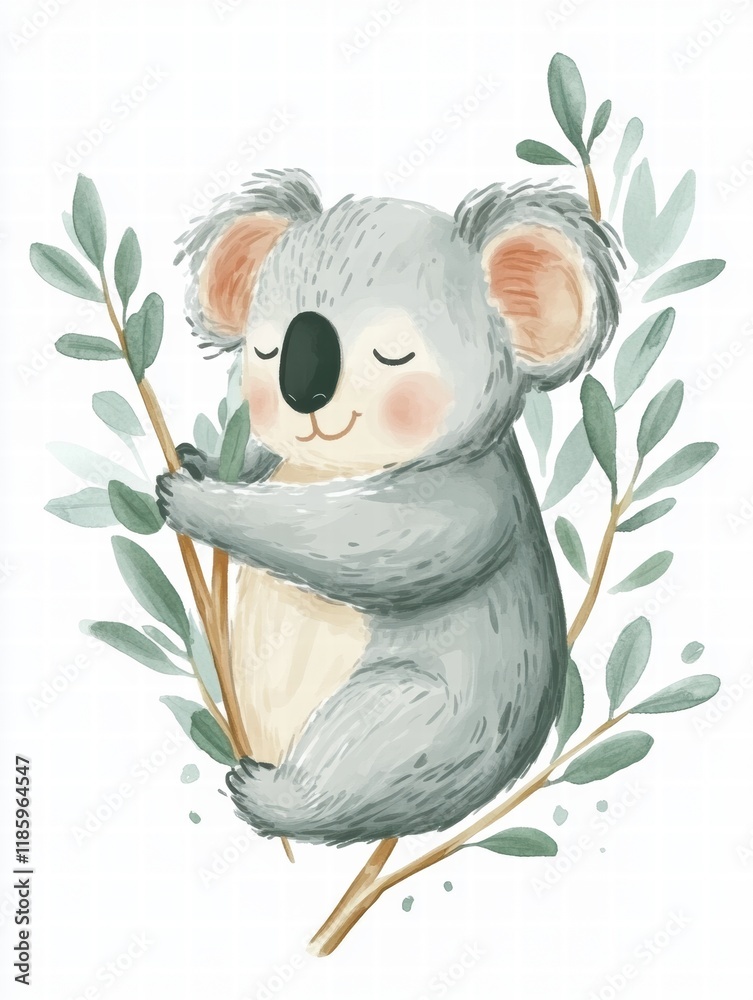 Aufkleber cute koala holding a branch surrounded by leaves in a serene setting with a peaceful expression. gen