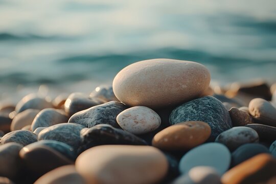 Seashore stones stacked sunset ocean waves