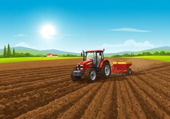 Obraz premium Tractor plowing the field on rural landscape background. Agriculture concept. Vector illustration. 