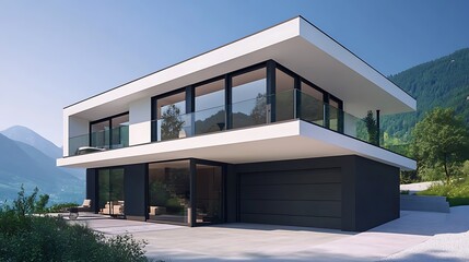 Elegant Modern Villa with Multi Story Windows and Minimalist Structure