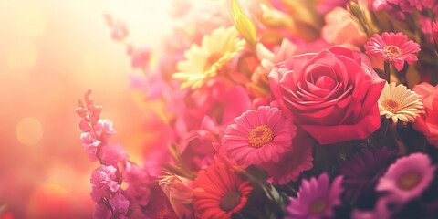 Obraz premium A vibrant floral bouquet of roses, daisies, and gerberas glows under sunlight, set against a softly blurred background. This fresh composition evokes the warmth and beauty of spring or summer.