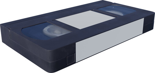 Black VHS tape with white central label, transparent windows showing spools, and compact rectangular design against transparent background. Concept of nostalgia, multimedia, technology. Ad