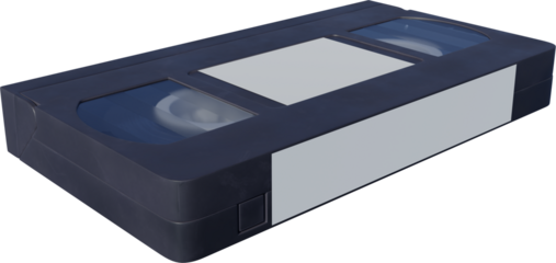 Black VHS tape with white central label, transparent windows showing spools, and compact rectangular design against transparent background. Concept of nostalgia, multimedia, technology. Ad