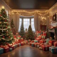 Obraz premium A festive room filled with presents, decorations, and lights, , holiday decor