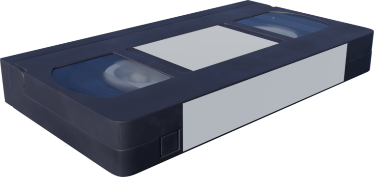 Black VHS tape with white central label, transparent windows showing spools, and compact rectangular design against transparent background. Concept of nostalgia, multimedia, technology. Ad