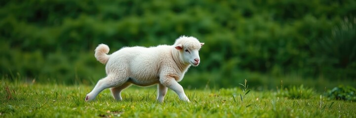 Obraz premium A fluffy white sheep with a curly tail playing in a green meadow, farm animals, lamb