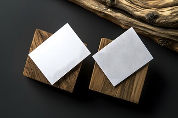 Blank cards on wood, dark background, mockup, design