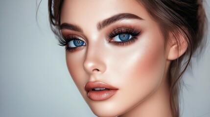 Fototapeta premium Young, beautiful girl applying makeup on her face in a beauty salon