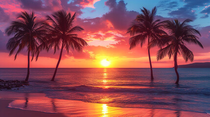The Beauty of sunset palm trees of the evening sky tropical backdrop 