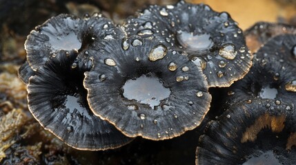 Close-up of Unique Black Mushrooms with Water Droplets on Surface