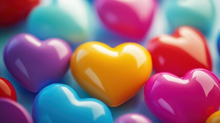 Obraz premium Colorful heart shapes scattered across a bright surface create a vibrant and playful atmosphere for celebrations and love, Valentine's Day
