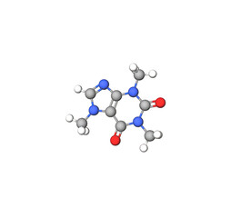 3D model of the caffeine molecule on a transparent background.
