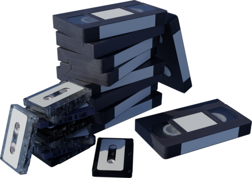 Pile of VHS tapes and audio cassettes, featuring mix of transparent and matte designs with white labels against transparent background. Concept of nostalgia, multimedia, technology. Ad