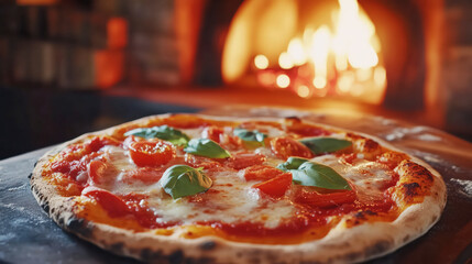Delicious freshly baked Margherita pizza with crispy crust with wood pizza oven on background