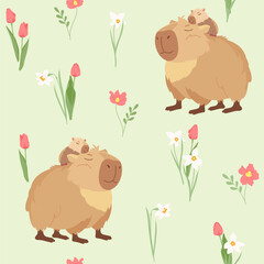 Spring pattern with cute capybara and baby. Funny capibara, adorable exotic animal. Cartoon South America mammal. Trendy charming vector design for wrapping paper, card, fabric, print, textiles