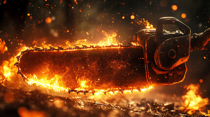 A blazing chainsaw surrounded by flames, symbolizing destruction and intensity.