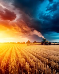 Fototapeta premium A tractor working in a golden field under dramatic skies at sunset.