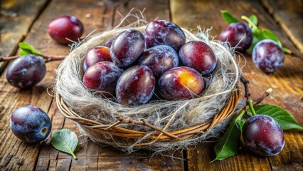 Obraz premium A handful of plums are scattered around a messy nest made of slimy webbing and gooey tendrils, wet, decayed