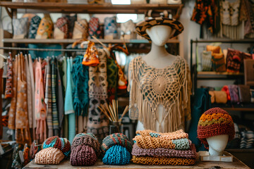 Crochet hats and accessories arranged on a table in a craft shop