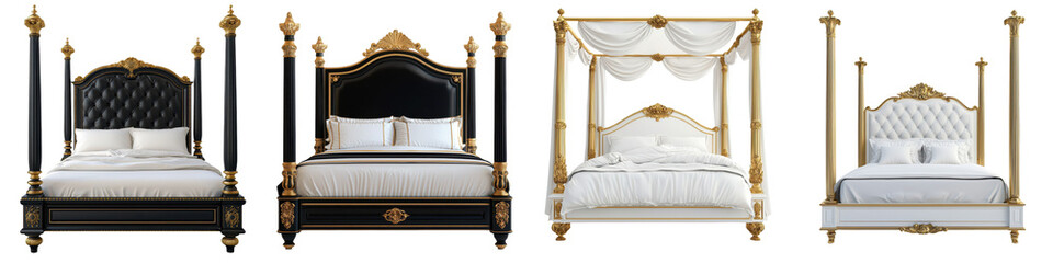 Collection of lavish and ornate canopy beds showcased in luxurious bedroom interiors featuring elegant furnishings decorative accents and architectural details in a variety of traditional vintage