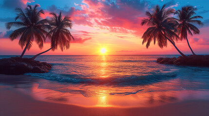 The Beauty of sunset palm trees of the evening sky tropical backdrop 