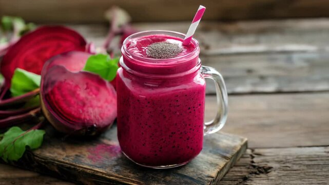 Vibrant beet smoothie in a mason jar with chia seeds and fresh leaves on a rustic wooden surface