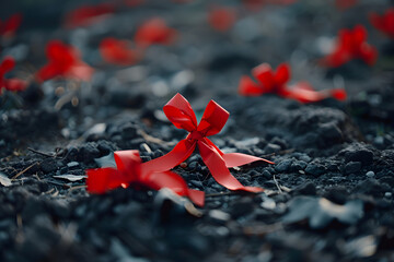 Red ribbons symbolizing World Remembrance Day of AIDS Victims laying on the ground