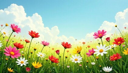 Fototapeta premium A field of colorful daisies swaying gently in the wind, gentle breeze, nature scene