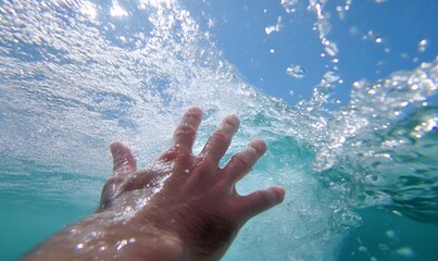 Fototapeta premium Touching the waves with your hands in the sea, Generative AI