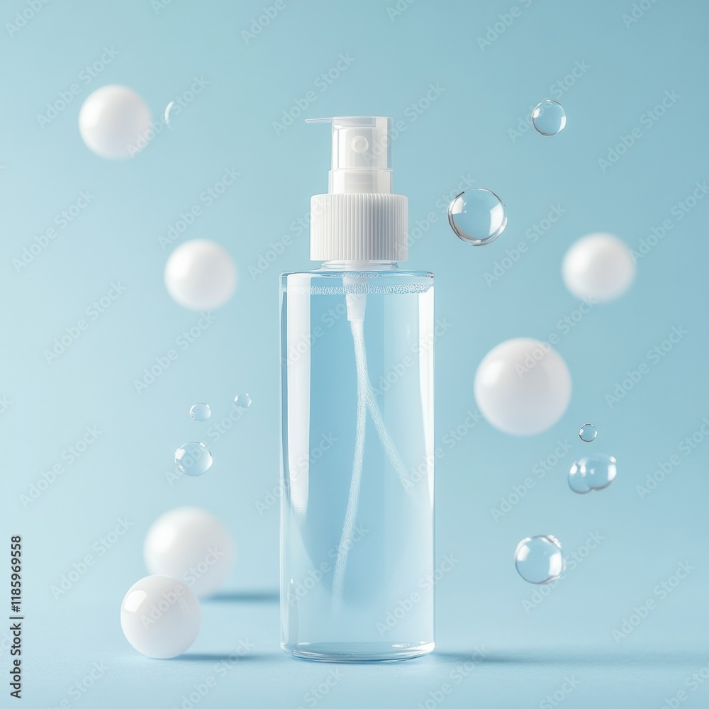 Poster droplets of sanitizer acting on bacteria with bubbles in a clean blue environment. generative ai