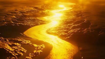 A long yellow river with a bright sun shining on it