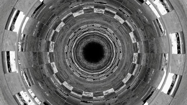 endless forward movement inside a black and white pipe with chessboard cells. 3d render looped animation.