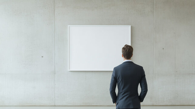 Contemplation Before Canvas: A businessman in a suit stands before a blank canvas, contemplating possibilities. His posture suggests thoughtful consideration and anticipation.