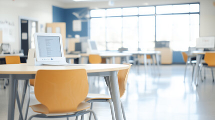 Modern Classroom: A minimalist, contemporary classroom setting features bright lighting, sleek furniture, and a focus on technology, creating a conducive environment for learning and collaboration. 