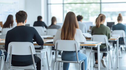 Fototapeta premium Students Focused in Classroom: A rear view of a diverse group of students attentively seated at desks in a modern classroom, focused on their studies.