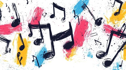 Colorful grunge ink splatter painting and music notes with hand drawn patterns and splashes isolated on white background
