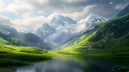 Majestic snow capped mountains overlook a serene alpine lake