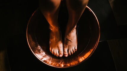 A Close up of a Womans Feet in a Copper Bowl - Generative AI