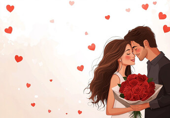 A happy couple embraces in a romantic pose, with the man holding a bouquet of red roses and the woman leaning in for a kiss. The cartoon-style design exudes love and tenderness on a white background.